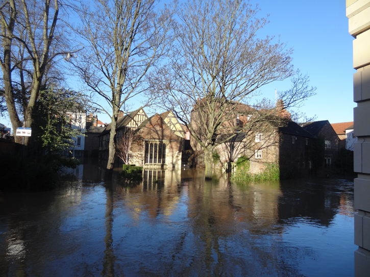 The Merchant Adventurers’ Hall and its garden during the peak of the flood
